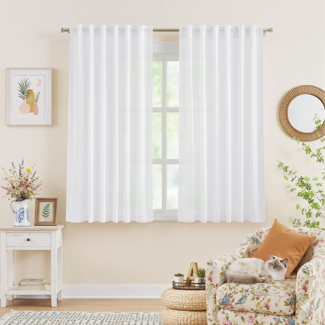 NICETOWN Non-See-Through White Sheer Curtains 48 inches Long 2 Panels, Rod Pocket & Back Tab Privacy Window Treatments Light Filtering Drapes for Bedroom, 2 Panels, W52 x L48