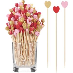 Yungyan 300 Pcs Valentine's Heart Toothpicks Bulk 4.7'' Long Bamboo Cocktail Picks Fruit Sticks Red Pink Gold Appetizers Food Picks for Valentines Wedding Birthday Party Decoration