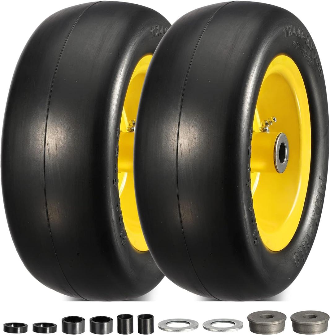 MaxAuto 11x4.00-5 Lawn Mower Tires, 11x4-5 wheel and tire, 11x4x5 Front Smooth Flat Free Tire Assembly Compatible with John Deere/Cub Cadet, 3.4"-5" Centered Hub 3/4" Bushings, Pack of 2