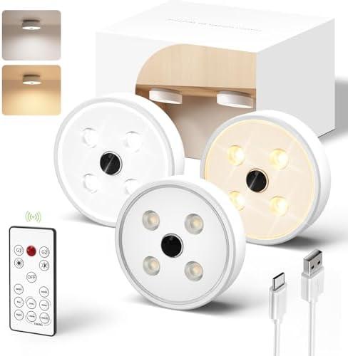 EZVALO Motion Sensor Puck Lights 3Pack, 1200mAh Rechargeable Under Cabinet Lights, 2 Color Temps LED Closet Light Group Control, Dimmable LED Under Counter Light for Kitchen, Cabinet, Stairs