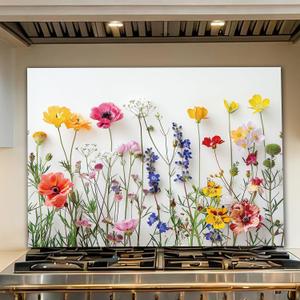LMSDYSHU White background flowers Tempered Glass Backsplash for Kitchen,Frameless, Stove Backsplash Protector for Wall,Easy to Clean, Home Decor(30"x24"), Flowers