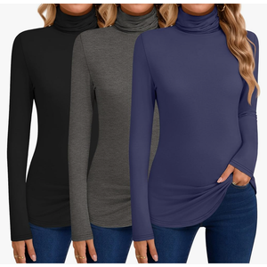 Huukeay 3 Pcs Women's Turtleneck Basic Long Sleeve Shirts Thin Slim Fit Soft Pullover Tops Fall Winter.XL