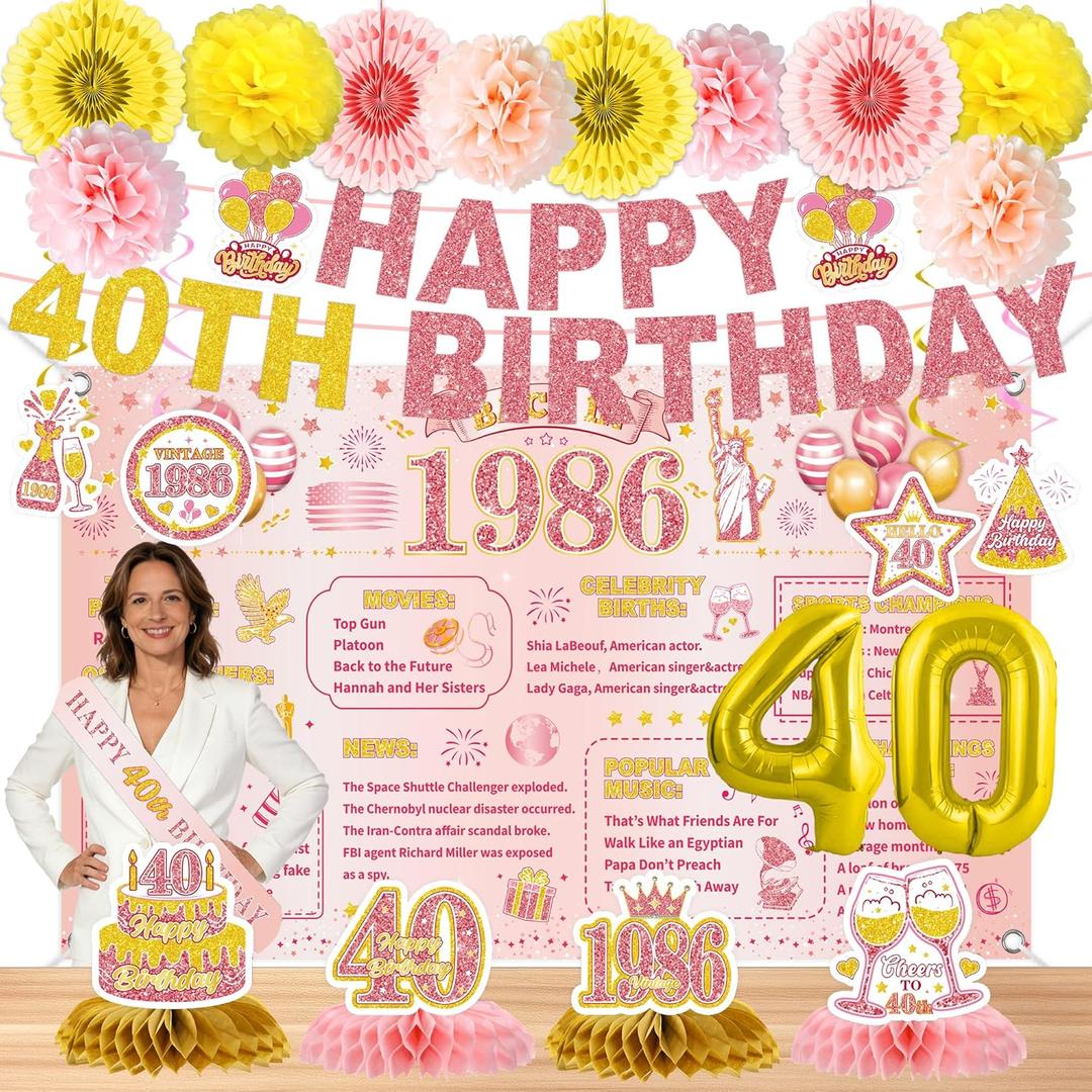 24 Pcs 40th Birthday Decorations for Women, Back in 1986 Party Supplies, Pink Gold 40th Birthday Banner Backdrop Hanging Swirls Balloons Honeycomb Centerpieces Sash