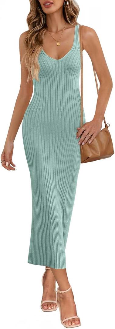 MEROKEETY Womens Summer Bodycon Knit Midi Dress 2026 Spring Beach Vacation V Neck Casual Sleeveless Ribbed Sweater Dresses (Teal, XS)