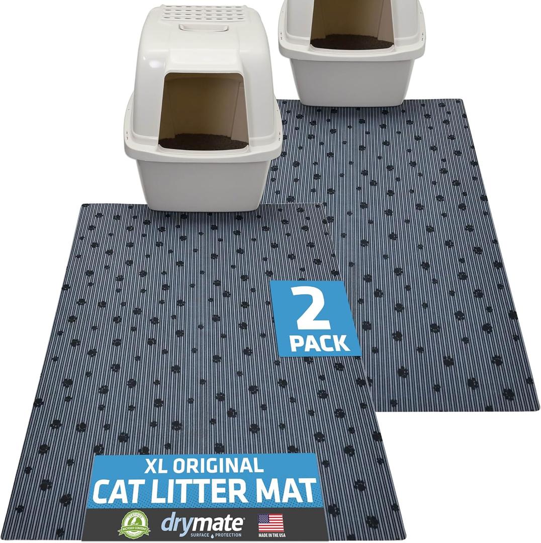 Drymate Original Cat Litter Mat, Contains Mess from Box, Protects Floors, Urine-Proof, Machine Washable, Soft on Kitty Paws, Absorbent, Waterproof (USA Made) (28”x36”)(GreyStripePaw)(2-Pack)