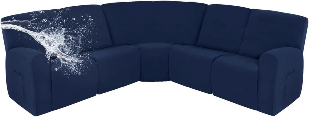 Easy-Going 100% Waterproof Recliner Cover, Stretch Couch Covers for Reclining Couches, Extra Large Sectional Sofa Slipcover, L-Shape Furniture Protector for Kids & Pets, 5 Seater, Navy