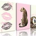 3Pcs Framed Leopard Wall Art Trendy Pink Lips With Bow Canvas Funky Cheetah Wall Decor Pictures Fashion Lucky 8 Ball Poster Prints for Dorm Bedroom Ready to Hang 16x24in
