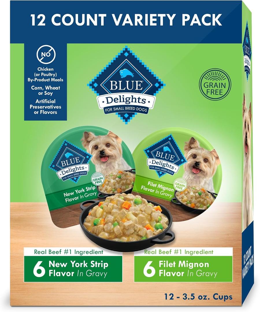 Blue Buffalo Delights Natural Adult Small Breed Wet Dog Food, Variety Pack, Made with Natural Ingredients, Filet Mignon & New York Strip Recipe in Hearty Gravy, 3.5-oz. Cups (12 Count, 6 of Each) (EXP 06/01/27)