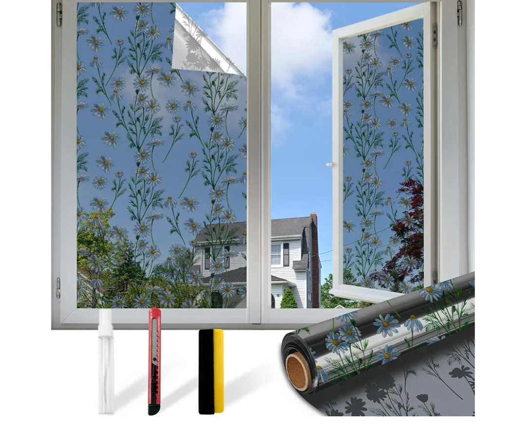 Upgraded Window Privacy Film One Way Daytime Privacy Static Cling Sun Blocking Anti UV Reflective Window Tint for Home and Office (Black - Silver（Daisy）, 45.27 X 157.4 in)