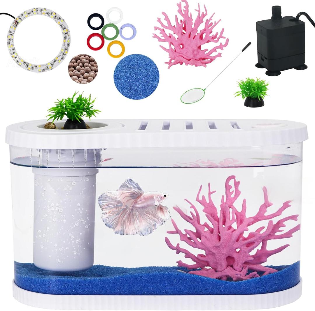 2.2Gal Aquarium Starter Kits, Small Beta Fish Tank Kit with Quiet Filter & Color Light, Nano Desktop Tank for Betta Shrimp Guppy Goldfish, Complete Starter Kit (12.6 * 7 * 5.6 Inch)