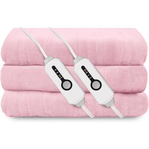 Electric Heated Blanket 84"x90" Queen Size, Soft Coral Fleece, Dual Controllers with 4 Heating Levels and 10 Hours Auto-Off, Machine Washable, Cozy Plush Fabric for Home, Pink