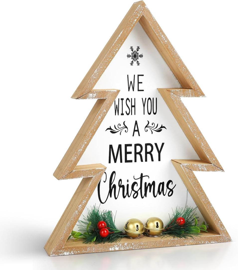 Christmas Table Decorations for Home Christmas Tree Centerpiece Decoration Indoor Wooden Farmhouse Rustic Xmas Trees Tabletop Sign Decorative Block Shelf Tiered Tray Office Desk Window Decor Party Holiday Merry (Large, white)