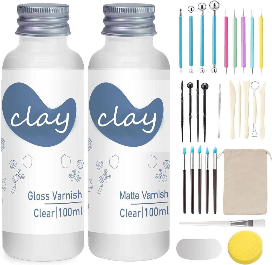 1DFAUL 30Pcs Air Dry Clay Varnish with Sculpting Tools Kit, Gloss Matte | High Luster Scratch Resistant, Waterproof, Pottery Tool kit to Sculpting, Modeling, Shaping