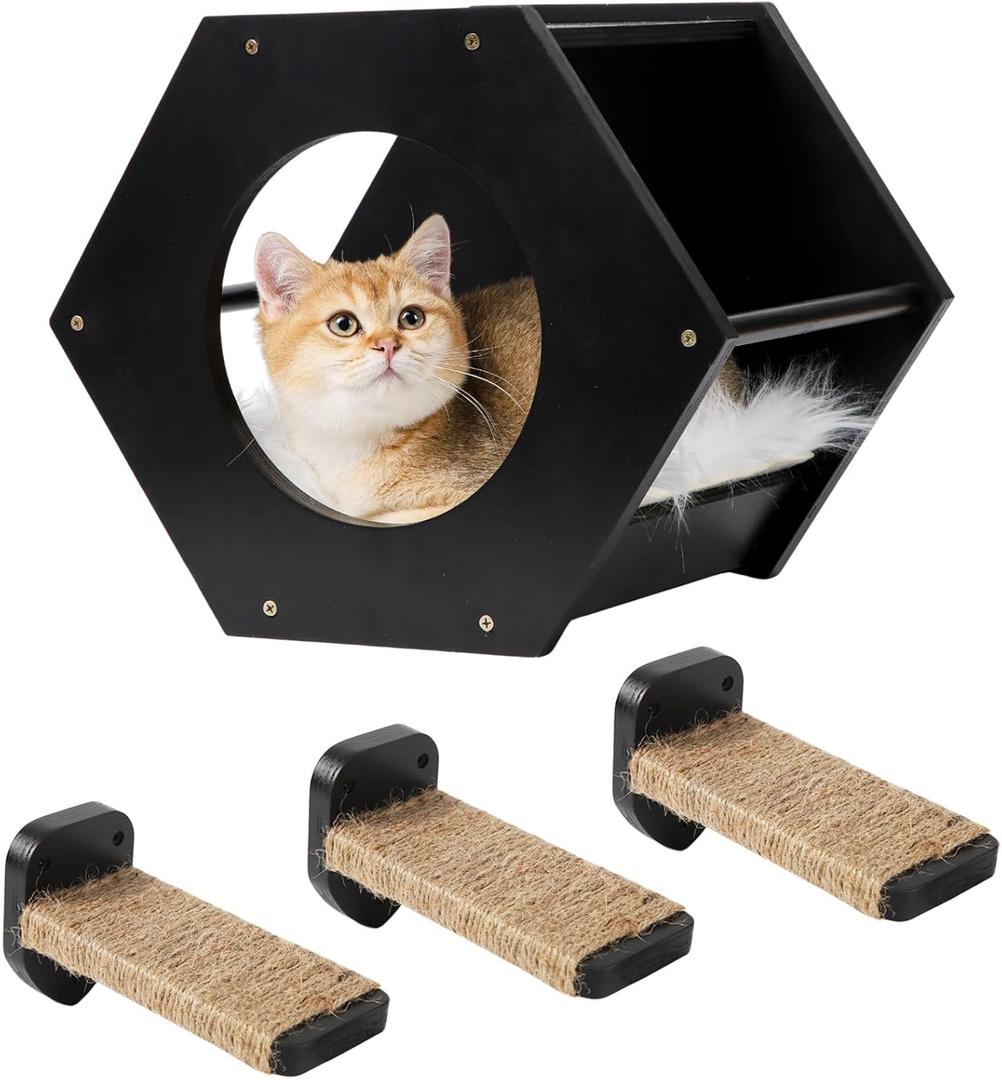 Cat Wall Shelves, Cat Shelves for Wall, Cat Wall Furniture, Cat Shelf with 3 Steps Scratcher Post, Cat Tree Hammock with Plush Wall Mounted, Climbing Shelf Wall Mount for Indoor Cats (Black) (Black (1 Cat Shelf+1 Cushion+3 Steps))