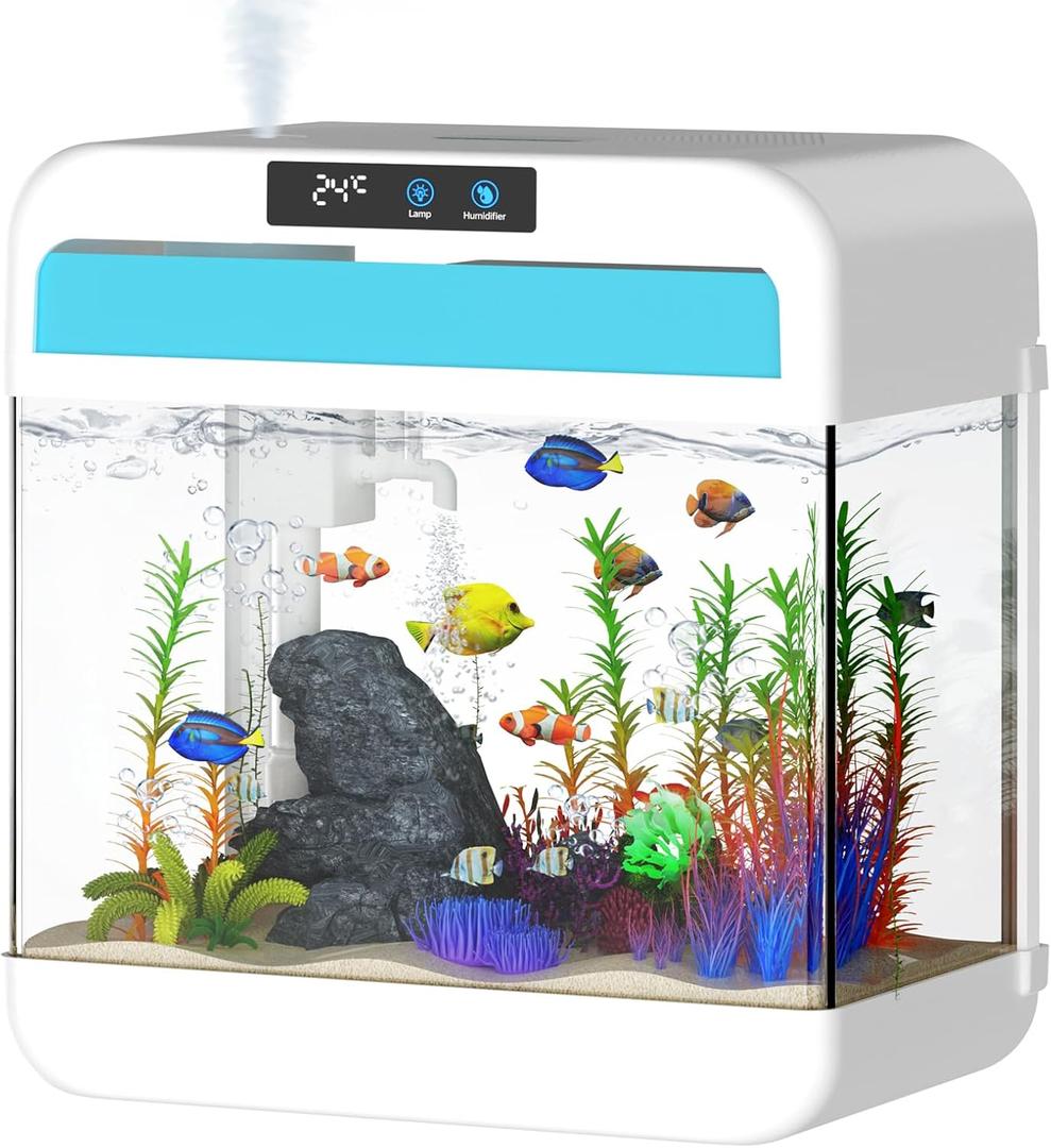 Fish Tank 2.2 Gallon with 7 Color Auto-Looping Light, Fish Aquarium with Humidifier 3 in 1 Pump - Filteration & Oxygenation & Circulation, Temperature Display, HD Float Glass, Thickened Base (White)