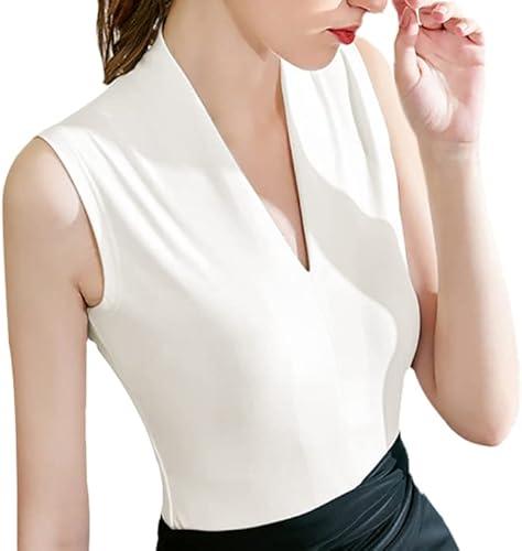 Dilgul Women's Sleeveless V-Neck Tank Top Slim Fit Elegant Dressy Blouse Off-White, 2XL