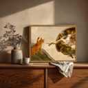 Funny Creation of Adam and Cat Wall Art, Whimsical Cat and God Wall Decor Painting Quirky Michelangelo and Animal Poster Canvas Print for Bedroom Living Room 12x16 inch Wood Framed