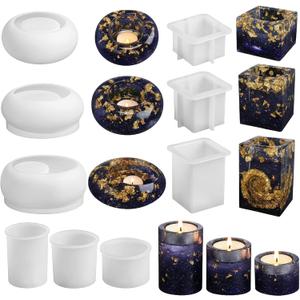 Tealight Candle Holder Resin Molds Silicone, 9 Pcs Cylindrical Square and Round Tealight Holder Molds for Resin Beginners DIY Dining Table Centerpiece Home Wedding Decorations
