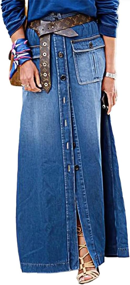 Flamingals Denim Maxi Skirt for Women High Waist Vintage Button Front Flap Pocket A-Line Long Jean Skirt Fall Fashion (Mid Blue)