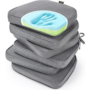 SUNROX Gel Memory Foam Chair Cushions, FadeShield Water-, Stain-Resistant Durable Reversible Seat Cushion Pads with Ties for Indoor/Outdoor Kitchen Dining Office 17"x16" Set of 6, Heather Charcoal
