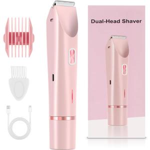 2-in-1 Bikini Trimmer & Electric Razor for Women: Painless, Waterproof & Cordless for Body, Face, Bikini Line | Ceramic Blades, USB-C Charging | Pink