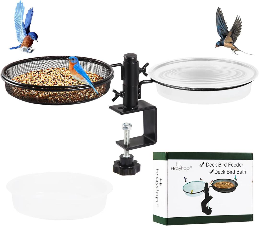 HRAYLTOP Deck Bird Feeders with Metal Mesh Tray and 2 Water Bowls - Detachable Adjustable Heavy Duty Clamp Bracket, Rail Bird Bath Balcony Porch Railing Feeder Perfect for Attracting Birds. (Hight 8.8 Inch-1)