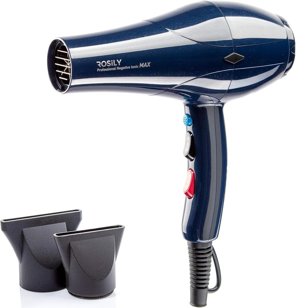ROSILY Professional 2200W Ionic Ceramic Hair Dryer | Fast Drying Salon Quality Blow Dryer with Nozzle Attachments for Smooth Shine and Silky Hair | Extra Long Cord and Faster Drying Time (Blue)