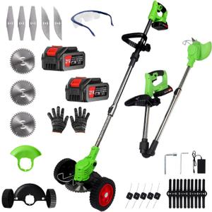 Electric Weed Wacker Cordless Eater 2 Battery,Foldable and Lightweight Grass Trimmer/Brush Cutter,5 Types Blade&Wheels 21V 4.0Ah Battery (2 Pieces) Powered for Garden and Yard (Foldable)