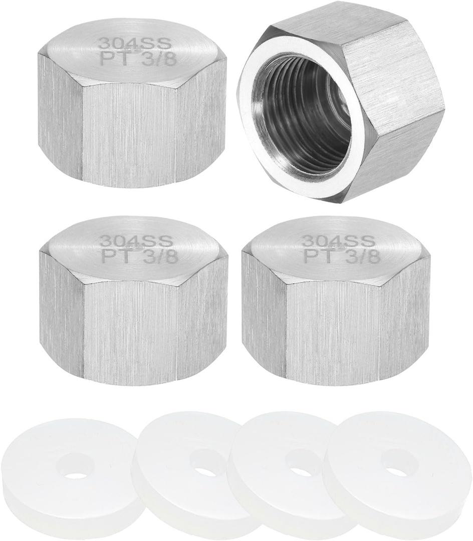 uxcell 4pcs Hex End Cap 304 Stainless Steel Nut with Washer, PT 3/8" Female Thread Pipe Fitting, Gas Line Water Line Stop Valve Cap Tubing Ends for Plumbing Fittings, Silver Tone