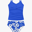 Girls Swimsuit 2 Piece Bathing Suit Criss Cross Ruched Girl Tankini Sets Printed Girls' Swimwear for 15-16 Years
