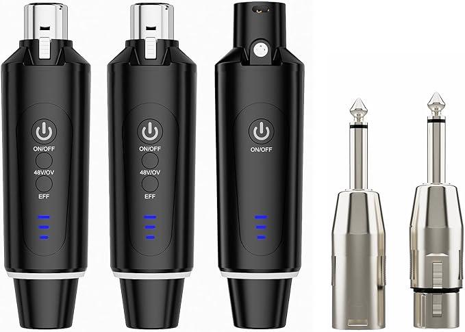 Wireless XLR Microphone System (2 Transmitter & 1 Receiver) 2.4Ghz, XLR Mic Adapter for Dynamic Microphone, Audio Mixer, Electric Guitar Bass, 48V Phantom Power for Condenser Mic, 160ft Range
