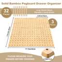 Kigley 3 Pcs Bamboo Wood Pegboard Drawer Organizer with 32 Pegs Wooden Peg Board Drawer Shelf Organizer Adjustable Peg System for Dishes Plate Pot Container Cookware Utensil Kitchen