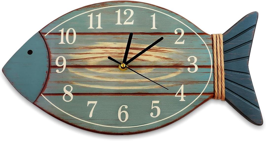 Silent Wooden Fish Shape Wall Clock Coastal Beach Lake House Decor Non-Ticking Rustic Ocean Style Timepiece for Living Room Bedroom Kitchen, Battery Operated