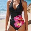 SUUKSESS Women Sexy Tummy Control One Piece Swimsuits Halter Push Up Monokini Bathing Suits (Black Red Floral, L)