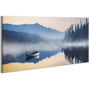Lake Canvas Wall Art Decor: Nature Scene Picture Forest Mountain Scenery Print Boat Misty Landscape Scenic Artwork Painting for Bedroom Living Room Office Decorations 48 x 24 Inches