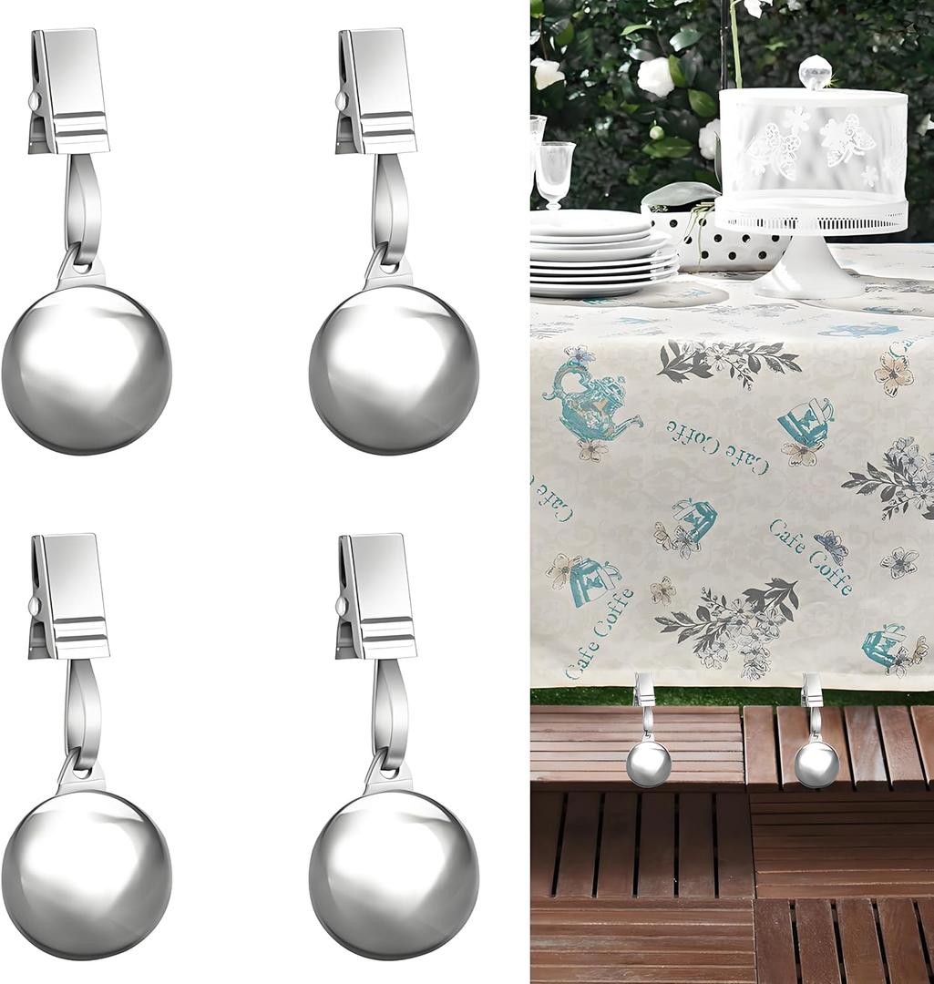 4 Pack Heavy Duty Tablecloth Weights, Stainless Steel Balls with Metal Tablecloth Clips for Outdoor Tables, Curtains, Flag, Add 9.6oz Weights for Outdoor Picnic, Family Dinner Party