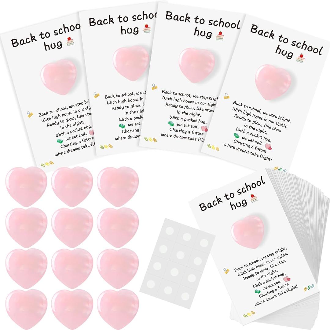 Mimorou 48 Sets Back to School Gift Pocket Hug Token Bulk Heart Shape Stones with Card, Organza Bag Pocket Heart Stone Greeting Exchange Keepsake Relationship Card for Friend Family Celebration