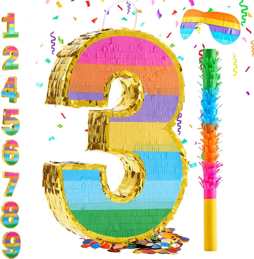 Rainbow Number 3 Pinata for 3rd Birthday Party Decorations, Birthday Pinata with Stick Blindfold and Confetti, Kids Anniversary Celebration, Fiesta (Small, 16.5 x 11.5 x 3 In)