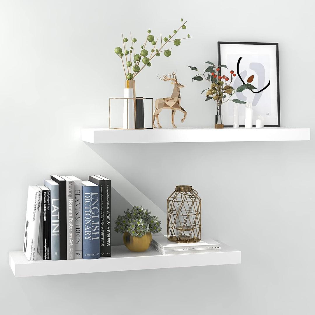 White Floating Shelves for Wall-24in Wall Mounted Display Ledge Shelves Perfect for Bedroom Bathroom Living Room and Kitchen Decoration Storage (Set of 2)