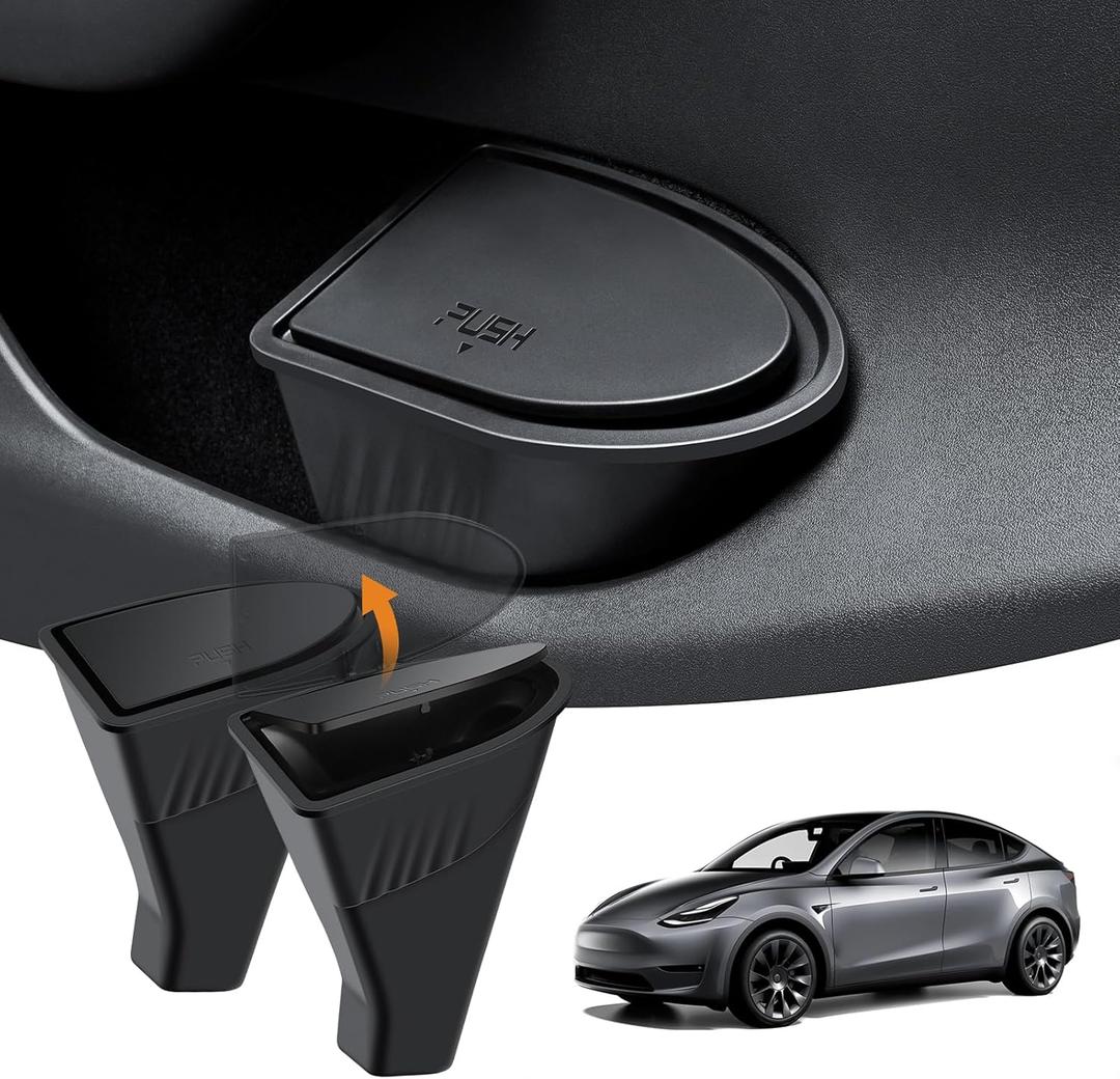 2PCS Car Front Door Trash Can for Tesla Model Y Accessories 2021-2024 2025 Side Door Storage Box Organizer with Push-to-Open Lid Design Front Seat Car Garbage Can Bin for Tesla ABS Black