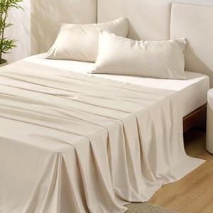 Bedsure Queen Sheet Set, Rayon Derived from Bamboo, Cooling Sheets, PureWoven, Breathable & Soft, Deep Pocket Up to 16", Hotel Luxury Silky Bedding for Hot Sleepers, Light Beige