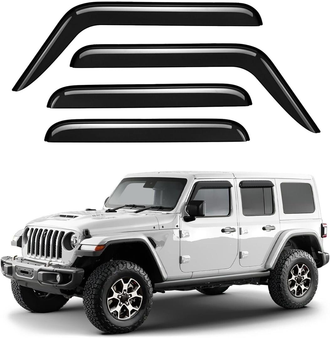 Original 4pcs Wind Deflector, Outside Mount Tape-On Waterproof Rain Guards Set, Sunroof Side Window Visors Compatible with 2020-2024 Jeep Gladiator, 2018-2024 Jeep Wrangler JL 94183