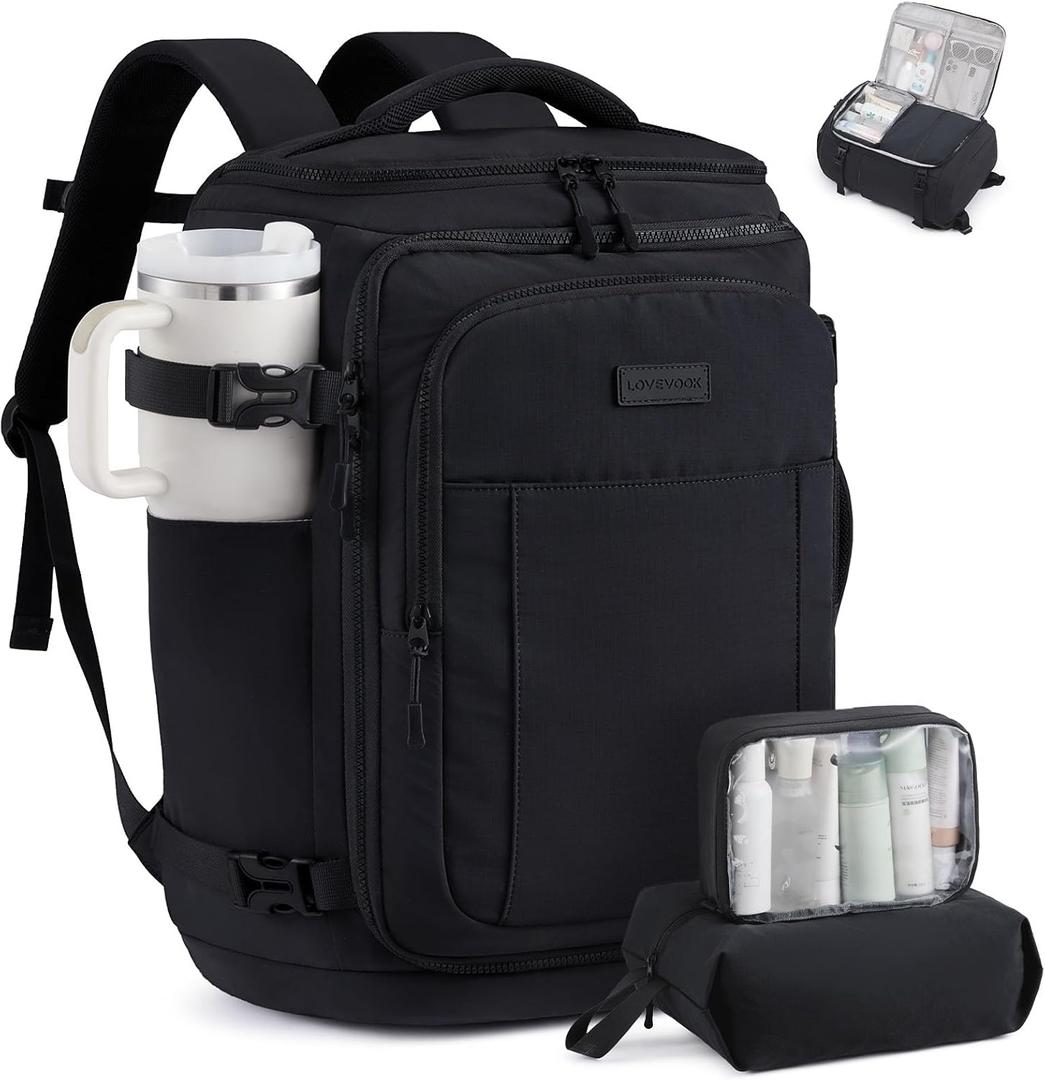 LOVEVOOK Travel Backpack for Women & Men, 25L Airline Approved Personal Item Carry On Backpack, Lightweight with 2 Packing Cubes, Waterproof Daypack for Work, Gym & Weekend Travel, Black