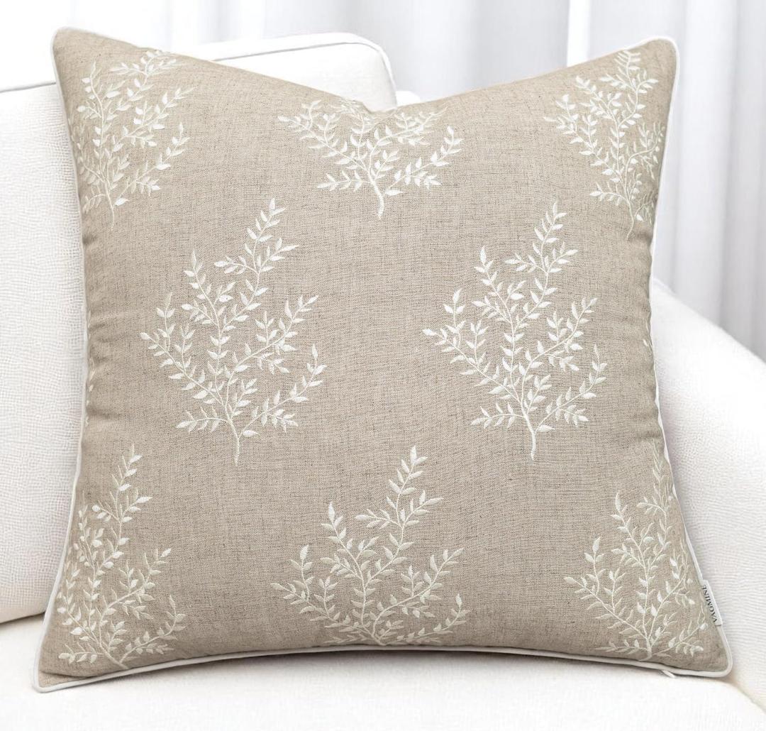VAGMINE Embroidered Leaves Throw Pillow Cover - 18x18 Inches Square - 100% Linen Natural Decorative Cushion Cover - Artistic Floral Embroidery - Cozy Farmhouse & Boho Accent for Sofa, Couch, Bedroom VAGMINE Embroidered Leaves Throw Pillow Cover - 18x18 Inches Square - 100% Linen Natural Decorative Cushion Cover - Artistic Floral Embroidery - Cozy Farmhouse & Boho Accent for Sofa, Couch, Bedroom
