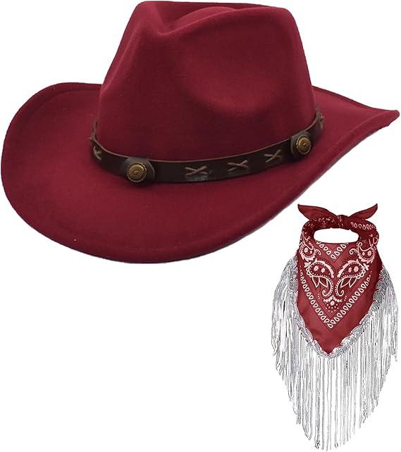 Cowboy Hat with Fringed Bandana Set for Women Wide Brim Western Cowgirl Hat Paisley Head Wrap Scarf