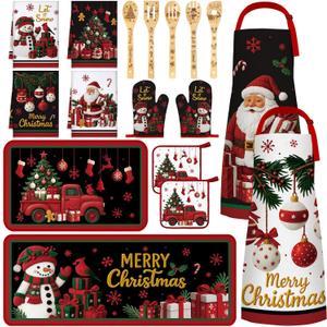 Bencailor 17 Pcs Christmas Kitchen Sets Snowman Kitchen Rug and Mat Xmas Mitts and Pot Holders Santa Apron Jingle Bells Dish Towels Wooden Spoons for Christmas Holiday Decoration Housewarming Gifts