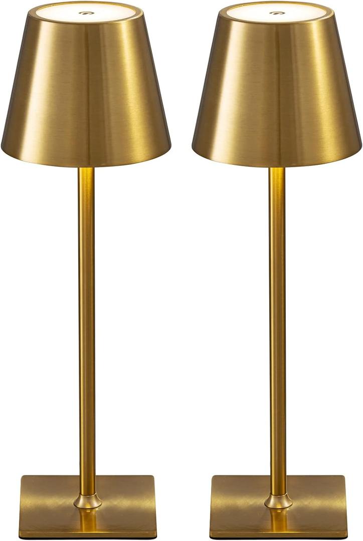 KDG 2 Pack Cordless Table Lamp,Portable LED Desk Lamp, 5000mAh Battery Operated, 3 Color Stepless Dimming Up, for Restaurant/Bedroom/Bars/Outdoor Party/Camping/Coffee Shop Night Light(Gold) (Gold-2)