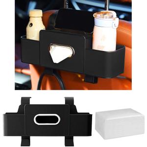 Car Back Seat Organizer with Cup Holder, Car Seat Back Tissue Box and Storage Hook, Multifunctional Car Organizer for Hold Phone,Snacks, Drinks, Handbag, Compatible with Most Vehicles (Black)