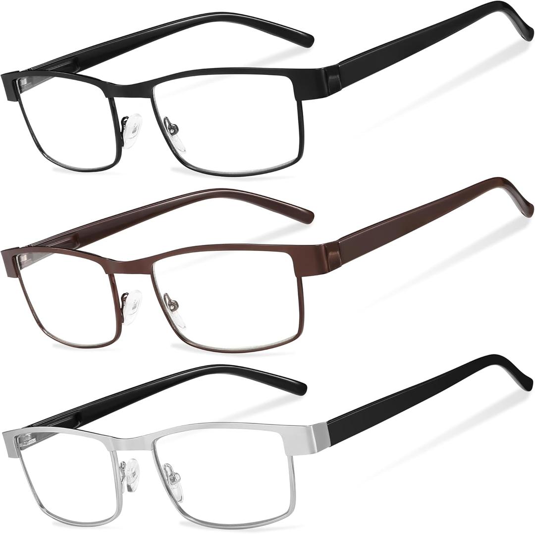 BLS Businessman Rectangular Reading Glasses - Professional Durable Readers - Blue-Light Blocking Lenses (*Black/Grey/Brown)