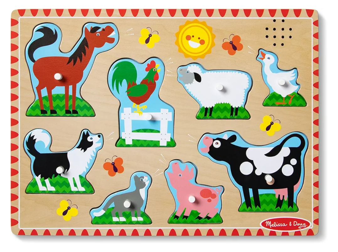 Melissa & Doug Farm Animals Sound Puzzle - Wooden Peg Puzzle with Sound Effects (8 pcs)
